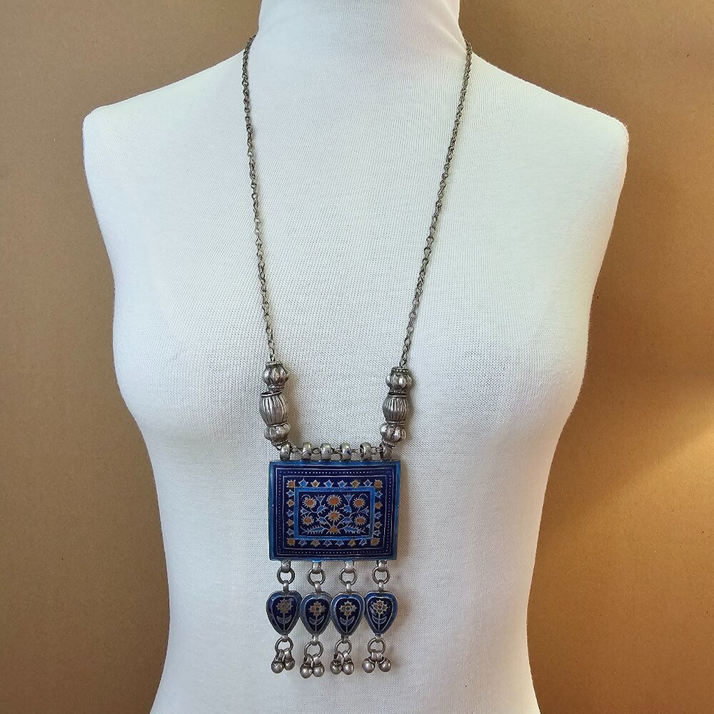 Vintage Ethnic Tribal Necklace with Striking Blue Floral Design Enamel Pendant